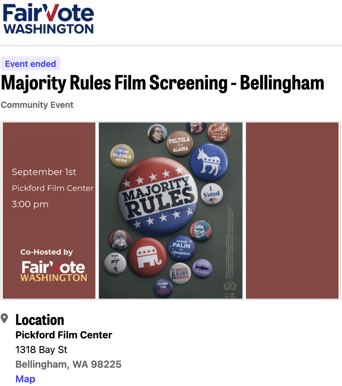 Online announcement for Majority Rules Screening at the Pickford Film Center on September 1 2024