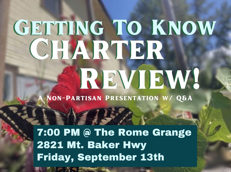 Invitation to Gettting To Know Charter Review Presentation, 7PM Friday Sept 13th at Rome Grange - a free, non-partisan, multi-candidate educational event!